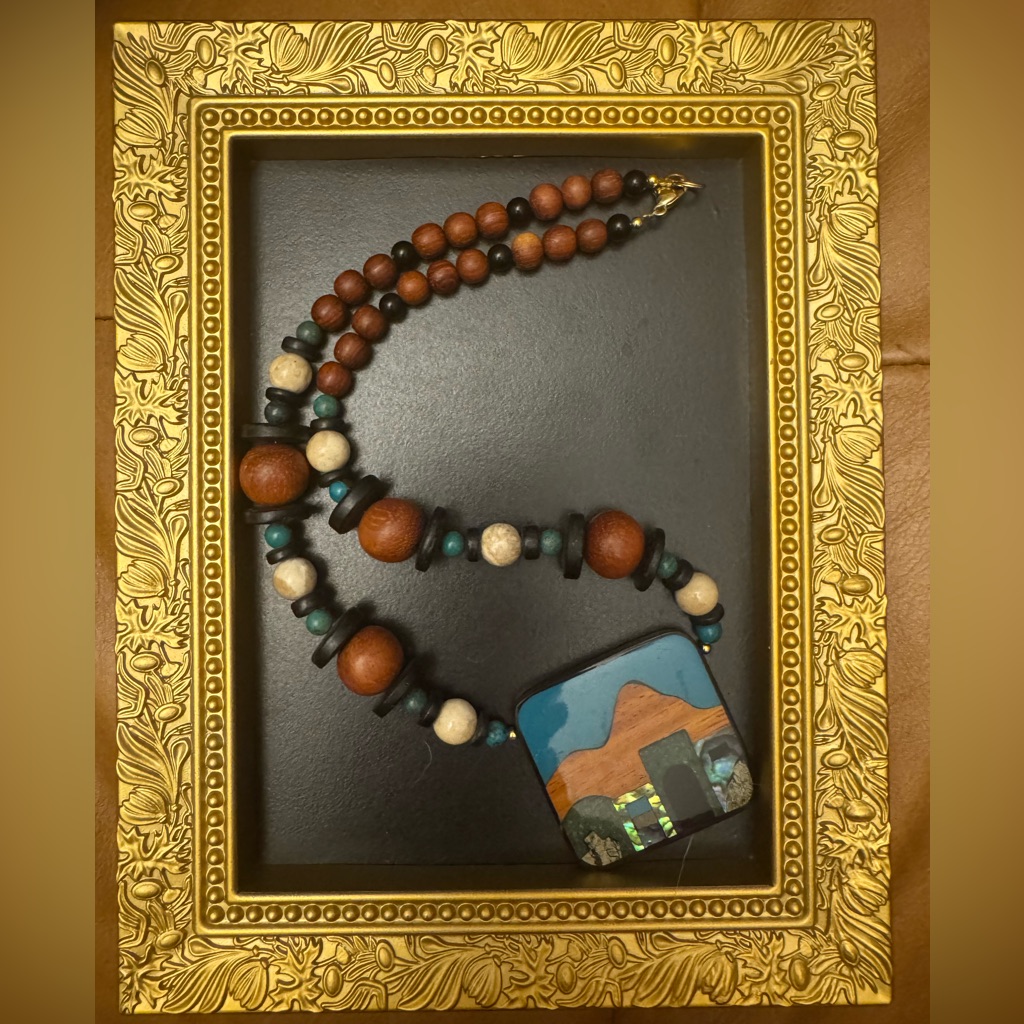 Vintage Lee Sands Unsigned Adobe Inlay Pendant Necklace Abalone Wood Stone 49$
